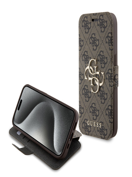 Guess PU Leather 4G Metal Logo Book iPhone 15 Pro Max Brown Case