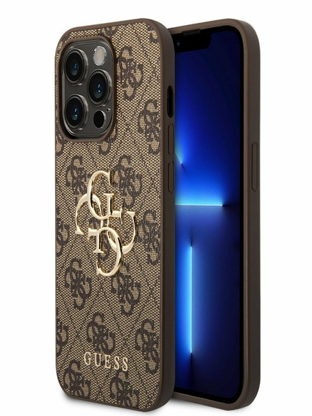 Guess PU 4G Metal Logo Zadní Kryt pro iPhone 15 Pro Max Brown Phone case