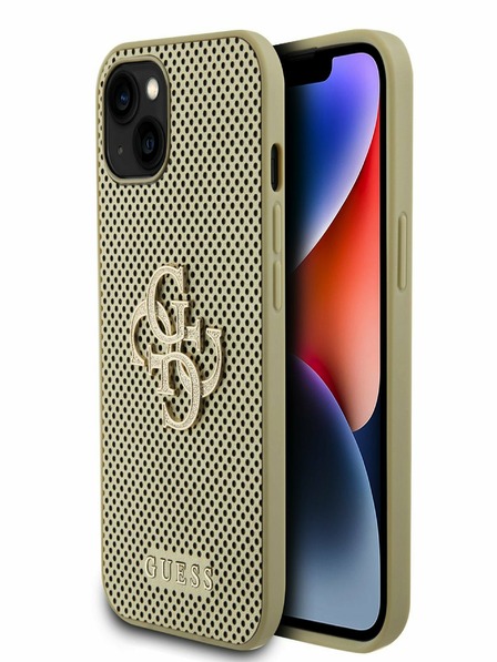 Guess PU Perforated 4G Glitter Metal Logo Zadní Kryt pro iPhone 15 Gold Phone case