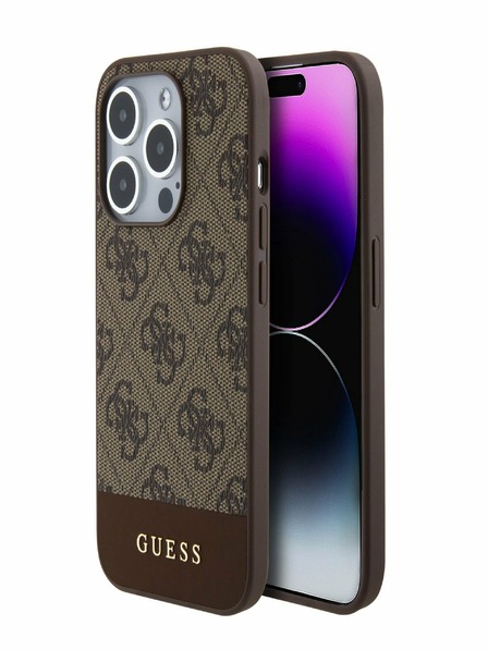 Guess PU 4G Stripe MagSafe Zadní Kryt pro iPhone 15 Pro Max Brown Phone case