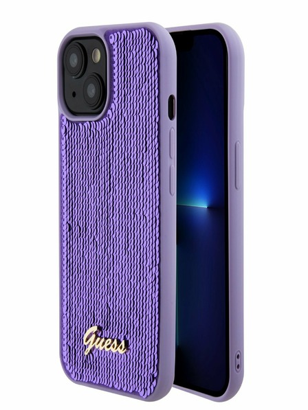 Guess Sequin Script Logo Zadní Kryt pro iPhone 15 Plus Purple Phone case